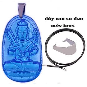 Mặt Phật Hư không tạng thuỷ tinh xanh biển 3.6 cm kèm móc và vòng cổ dây cao su đen, Mặt Phật bản mệnh