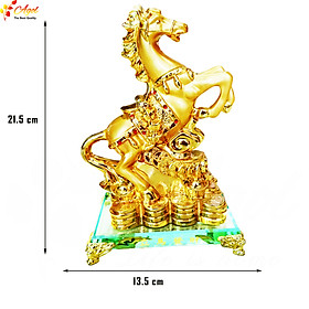 Tượng ngựa vàng phong thủy mã đáo thành công đế kính cao cấp  (chiều dài 14cm * rộng 9cm * cao 21cm) - Hàng Nhập Khẩu