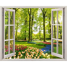 Tranh dán tường cửa sổ 3D VTC vườn hoa VT0033