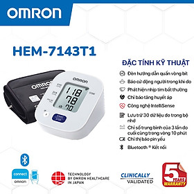 Máy đo huyết áp Omron HEM-7143T1 Lưu trữ 30 kết quả đo, Có kết nối Bluetooth