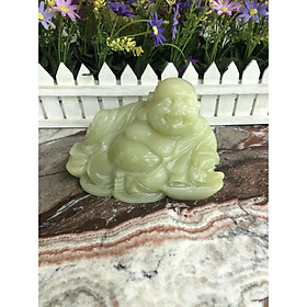 Tượng Phật Di Lặc ngồi trên thỏi vàng chiêu nạp tài lộc phong thủy đá ngọc Onyx - Dài 16cm