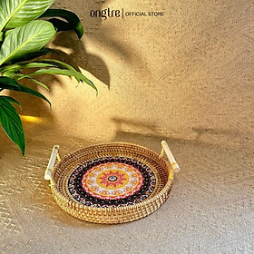 Khay Phục Vụ Tay Cầm ONGTRE Bằng Mây Đáy Gỗ Họa Tiết Đựng Bánh Mì Trái cây Phong Cách Vintage