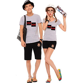 Bộ Áo Thun Đôi Nam Nữ Vitage Màu Xám