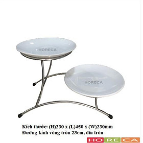 Mua kệ trưng bày buffet inox 2 tầng KB40 dùng cho dĩa tròn 26cm  để được dĩa trưng bày thức ăn  phía dưới có chân nút cao su