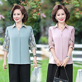 Áo sơ mi lụa Quảng Châu cao cấp cho người trung niên _áo sơ mi kiểu trung niên nữ_ áo sơ mi lụa tay phối họa tiết