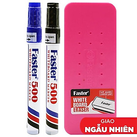 Vỉ 2 Bút Lông Bảng Faster 500 Mực Xanh Và Đen + Đồ Bôi Bảng - Faster WBE-F-SET6-BLBK (Mẫu Màu Giao Ngẫu Nhiên)