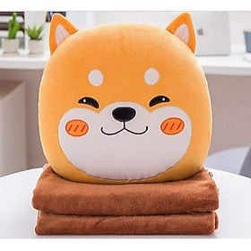 Chăn Gối văn phòng, gối kèm mền, gối có chăn bên trong hình cún đen mặt trắng, cún vàng đáng yêu