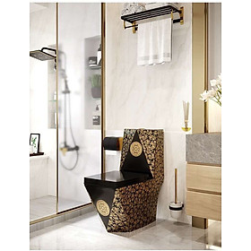 Mua Bồn cầu 1 khối màu vàng đen hoa văn sang trọng dạng kim cương cực đẹp