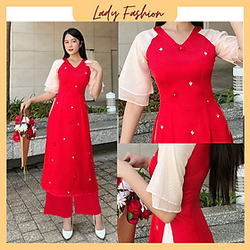 [HCM] Áo dài cách tân cổ V kết đá dễ thương AD025 - Lady Fashion - Khánh Linh Style