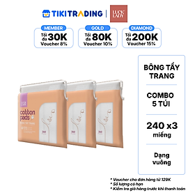 Combo 3 gói Bông tẩy trang Luck Lady 240 miếng 50x60mm hình vuông túi rút