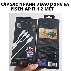 Cáp sạc nhanh 3 đầu Usb to M+C+iP dòng sạc 6A Pisen AP17 1.2 mét