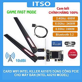 Card WIFI Bluetooth Intel Killer AX1675 (AX210) - Công nghệ WIFI 6E tốc độ 5374 Mbps tích hợp Bluetooth 5.3 kèm bộ đầu chuyển PCI - Hàng nhập khẩu