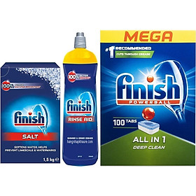 Combo Viên rửa bát fnish All in one 100 viên+Dung dịch nước làm bóng finish 750ml+Muối rửa bát chén finish 750ml cho Máy rửa bát