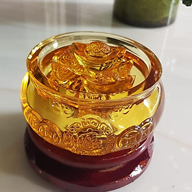 Tượng Phong Thủy Thố tụ tài mới màu vàng tài lộc 10 thỏi xiền vàng đá lưu ly tự nhiên đế gỗ size nhỏ vừa xinh đẹp đk 10cm x Cao 9cm cả đế x thố cao 5cm đặt bàn làm việc bàn thờ thần tài ạ