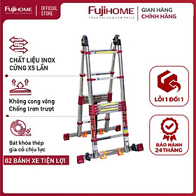 Mua Thang rút đôi chữ A inox 5M nhập khẩu FUJIHOME TLA08IR  chốt khóa tự động an toàn  có bánh xe di chuyển tiện lợi - Hàng chính hãng