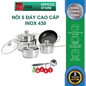 Bộ Nồi 5 Đáy Cao Cấp Bếp Từ Fivestar FSB55D001 Nắp Kính Inox 430