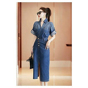 ĐẦM JEAN CỔ SƠ MI KÈM BETL CAO CẤP
