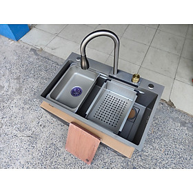 Mua Bồn chậu rửa chén bát 1 hố lớn nano đen  xám 75x46 dày 3.5 li GỒM VÒI THÁC NƯỚC