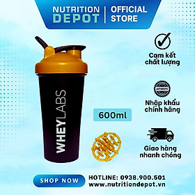 Bình lắc Shaker Wheylabs 600ml màu vàng đen cá tính, hợp phong cách Gymer - Nhựa cao cấp, bền, đẹp