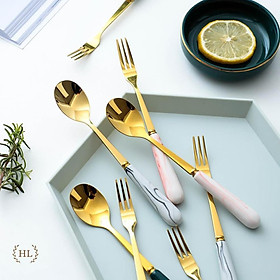 Mua (HÀNG ĐẸP) Thìa cafe sứ - Nĩa(Rĩa) tý sứ cao cấp | THÌA NĨA INOX CÁN SỨ