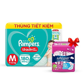 Tã Quần Pampers Giữ Dáng MegaBox M180 Size M-180 Miếng - Tặng Whisper Cotton Có Cánh Ngày Nhiều Và Đêm 28cm (8 Miếng)