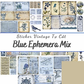 Sticker tự cắt Blue ephemera mix - sticker vintage dán, trang trí sổ nhật kí, sổ tay | Bullet journal - kc005