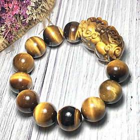 Vòng tay Thạch Anh Mắt Hổ vàng nâu 16mm mix tỳ hưu đá