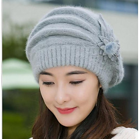 Mũ nồi beret len lông thỏ gắn hoa đôi cao cấp nón nồi nữ thời trang