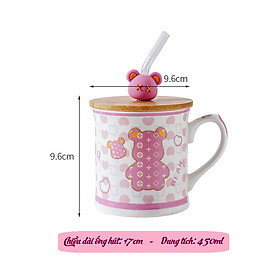 Ly gốm sứ hình Bearbrik có nắp gỗ và ống hút thủy tinh