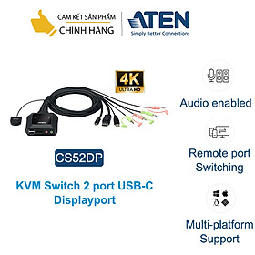 Mua KVM Switch 2 cổng Aten CS52DP cổng USB-C Displayport  dạng cable- Hàng chính hãng
