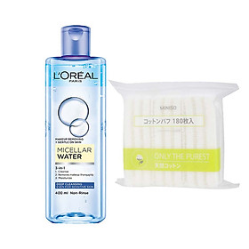 Nước tẩy trang tặng kèm túi bông tẩy trang Miniso 180 miếng L’oreal Paris Micellar Water 3 in 1 - Pháp Chính Hãng