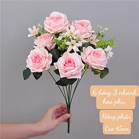 Hoa hồng lụa, hoa mẫu đơn luạ giả cao cấp 6 bông 3 hoa nhánh hoa phụ , Trang trí , Trà quý tộc, Hoa giả để bàn