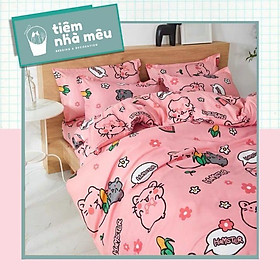 Bộ Chăn Ga Gối Cotton 3Dm6/m8/2m-Tiệm Nhà MêuSet 4 Món 2 Vỏ gối ,drap ,vỏ chăn Hoạ tiết Lợn Hồng Dễ Thương