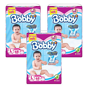 Combo 3 Tã Dán Bobby Siêu Mỏng Gói Cực Đại L68 (68 Miếng/Gói)