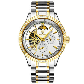 TEVISE Men Automatic Mechanical Watch Stainless Steel Strap Time & Moon Phase Display 3ATM Waterproof Male Fashion