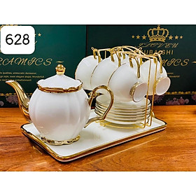 bộ ấm trà có giá treo cốc và đĩa lót tách. Bộ bình trà màu trắng viền vàng. bộ ấm pha trà xanh cổ vịt cao cấp