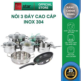 Bộ nồi xửng chảo chống dính cao cấp Fivestar 7 món 3 đáy từ , nắp kính ( tặng bộ sạn dừa 4 món )