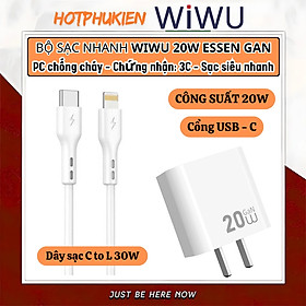 Mua Bộ cóc củ dây sạc nhanh 20W USB C kèm dây Type C to L 30W PPS chống cháy hiệu WIWU GAN ESSEN Fast Charger cho iPhone 6 15 14 13 12 11 Pro Max cho iPad Air 10.2 9.7 10.5 inch S24 S25 Find Flip Fold - Hàng nhập khẩu