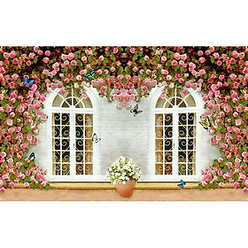 Tranh dán tường 3D cửa sổ tường hoa hồng - vải lụa phủ kim sa