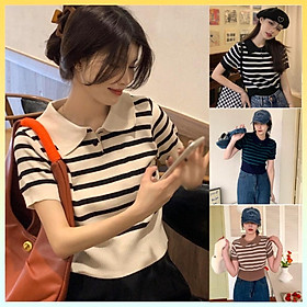 Áo len Montoghi dệt kim CỔ NÚT kẻ ngang BO GẤU cực ngầu