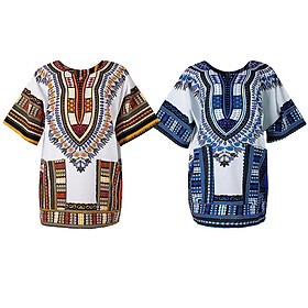 2/pack Unisex African Prints Dress Cotton Dashiki Shirt Ethnic Caftan Blue Yellow