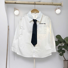 Áo sơ mi bé trai màu trắng 5-12 tuổi chữ PERSON kèm cà vạt vải thô mềm kiểu dáng thời trang