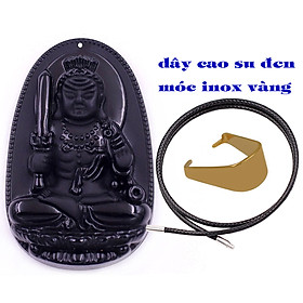 Mặt Phật Bất động minh vương đá thạch anh đen 5 cm kèm móc và vòng cổ dây cao su, Mặt Phật bản mệnh size L, mặt dây chuyền Phật