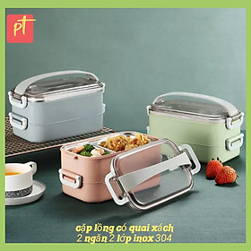 Bộ Hộp Cơm Giữ Nhiệt 2 Lớp 2 Tầng 2 Ngăn INOX 304 Thiết Kế Hiện Đại (màu ngẫu nhiên)-tặng bộ chổi vệ sinh mini có hít từ