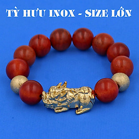 Vòng chuỗi đeo tay gỗ đỏ 15 ly ( size lớn ) charm tỳ hưu và bi inox, vòng tay chuỗi hạt