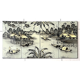 Mua Tranh sơn mài đồng quê bộ 4 tấm 60x120 cm vẽ trắng đen