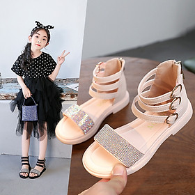 Sandal bé gái 3 - 12 tuổi quai ngang da mềm nạm kim sa duyên dáng SG29