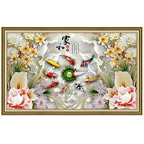 Tranh dán tường cửu ngư quần hội bên hoa mẫu đơn NewLuna_0015K