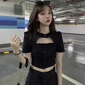 MS496 Áo kiểu nữ khoét ngực tay bồng croptop