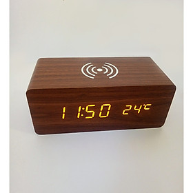 Mua Đồng hồ LED để bàn giả gỗ CAO CẤP - Sạc không dây Qi wireless charger- Nhiệt kế - Báo thức - Cảm ứng âm thanh